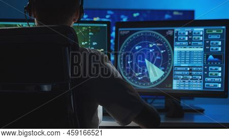 Workplace Of The Professional Air Traffic Controller In The Control Tower. Caucasian Aircraft Contro