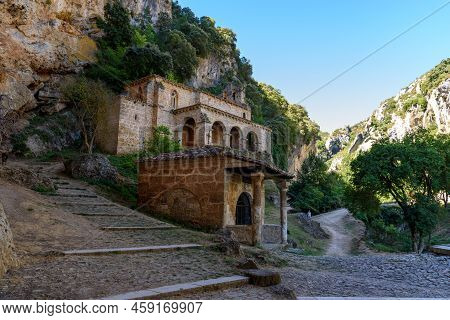 Tobera, Spain - August 5, 2020: Hermitage Of Our Lady Of The Hoz. Picturesque Romanesque Chapel Unde