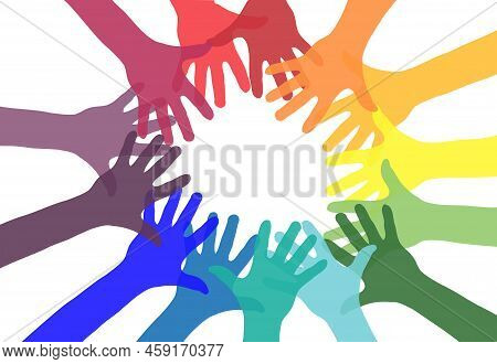 Hands Together On White Background. Friendship Concept Icon. Colorful Hands. Concept Of Democracy. V