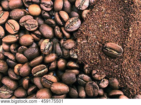 Coffee Beans And Ground Coffee. The Photo Shows Coffee Beans And Ground Coffee.