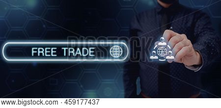 Sign Displaying Free Trade. Concept Meaning The Ability To Buy And Sell On Your Own Terms And Means 