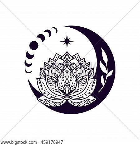 Crescent Moon And Lotus Flower Mystial Symbol With Moon Phases. Lunar Celestial Tattoo Design. Occul
