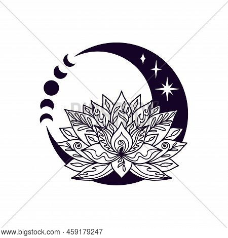 Crescent Moon And Lotus Flower Mystial Symbol With Moon Phases. Lunar Celestial Tattoo Design. Occul