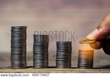 Save Money And Account Banking For Finance Concept, Hand Bank With Coin On Blurred Background, Save 
