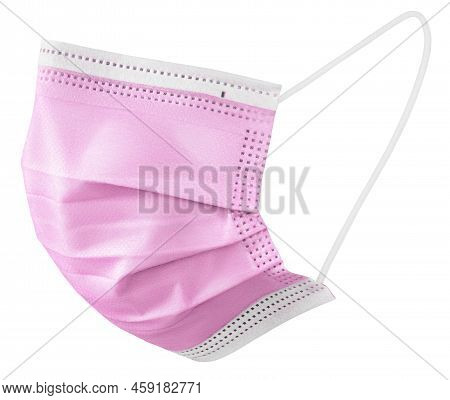 Pink Medical Protective Face Or Surgical Earloop Mask Isolated On White Background With Clipping Pat