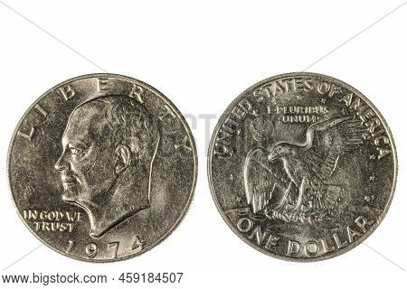 Close Up View Of Front And Back Side Of One Usa Dollar Silver Coin Dated 1974. Numismatic Concept.