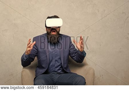 Shocked Businessman Discovering Vr Immersive Technology Through Virtual Reality Headset, Immersion