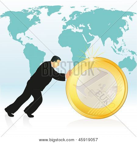 Forretningsmand skubbe euromønt foran verdens Map.eps