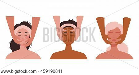 Three Multi Ethnic Girls Face Massage Top View