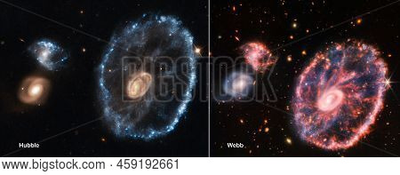 The Cartwheel Galaxy Eso 350-40. Webb And Hubble Space Telescopes Comparisons Visual Gains. Elements