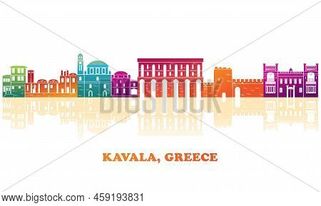 Colourfull Skyline Panorama Of City Of Kavala, Greece - Vector Illustration
