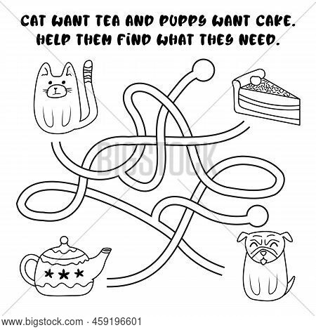 Maze Game For Kids. Help Cat Find Tea And Dog Fing Cake. Preschool Printable Coloring Book With Tang