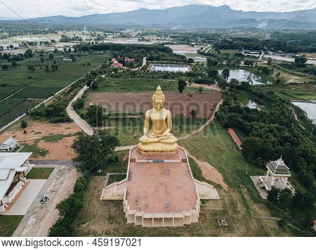 Aerial View Of Big Golden Buddha Statue In Phutthamonthon (buddhist Park) Build To Celebrate Its 750