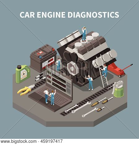Isolated Car Service Composition With Car Engine Diagnostics Headline And Employees On Work Vector I