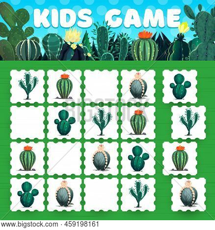 Cactuses And Succulents Sudoku Kids Game Worksheet. Vector Block Puzzle, Logic Maze Or Quiz Of Child