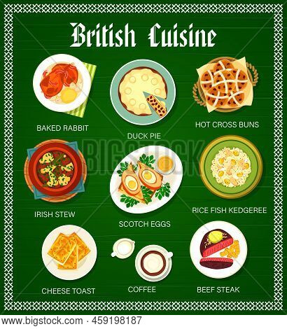 British Cuisine Restaurant Meals Menu Page Template. Baked Rabbit, Duck Pie And Hot Cross Buns, Iris