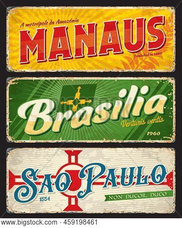 Brasilia, Manaus, Sao Paulo Brazilian City Travel Stickers And Plates. Brazil City Retro Plate Or Ba