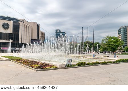 Sofia, Bulgaria - June 6, 2022: Fountain In Front Of National Palace Of Culture (ndk).