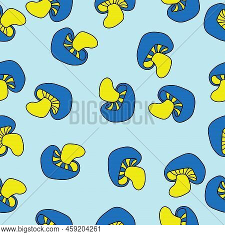 Blue Yellow Mushrooms Seamless Pattern, Mushrooms With A Wide Stalk On A Pale Blue Background Vector