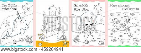 Easy Coloring Page Set. Cute Sea Animals Coloring Page For Kids, Children. Kids Game, Child Activity