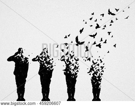 Army Of Soldiers. Death On Battlefield. Afterlife. Flying Birds Flock