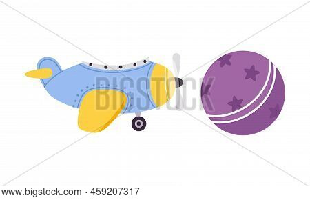 Plane With Propeller And Round Ball As Colorful Kids Toy Vector Set