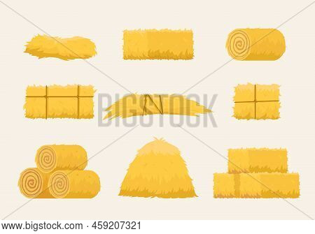 Haystack. Farm Rural Natural Hay Different Forms Square Circle Rolled. Vector Haystack Yellow Collec