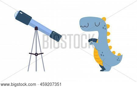 Telescope On Tripod And Dinosaur Animal As Colorful Kids Toy Vector Set