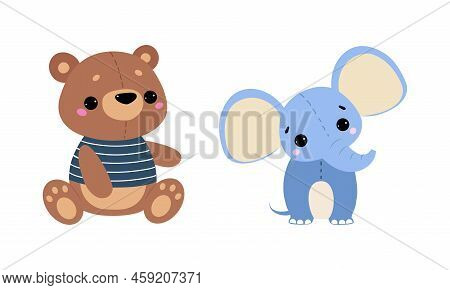 Sewed Teddy Bear And Elephant As Colorful Kids Toy Vector Set