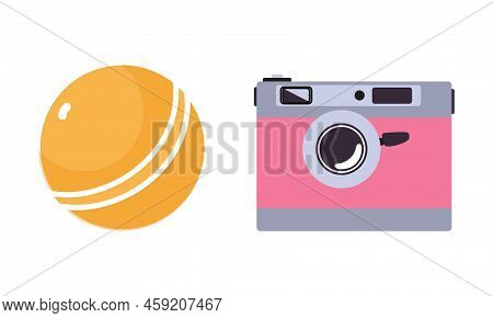 Camera And Round Ball As Colorful Kids Toy Vector Set