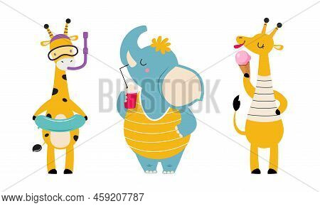 Cute African Giraffe Eating Ice Cream And Elephant Drinking Juice Enjoying Hot Summer Vector Set