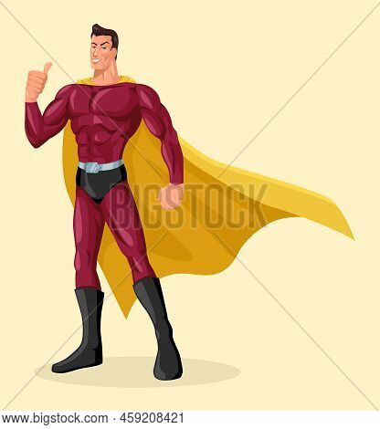 Vector Illustration Of Superhero With Gallant Pose Giving Thumbs Up, Simple Flat Cartoon