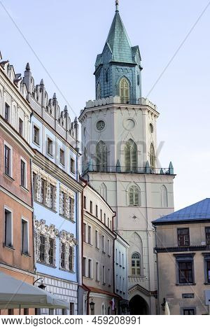 Lublin, Poland - May 23, 2022: Trinitarian Tower, View From The Main Square. The Tower Has Two Facad