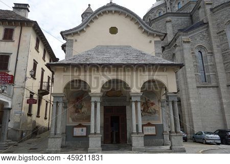 Re, Italy - July 28, 2022: Exterior Of The Madonna Del Sangue Church In The Vigezzo Valley
