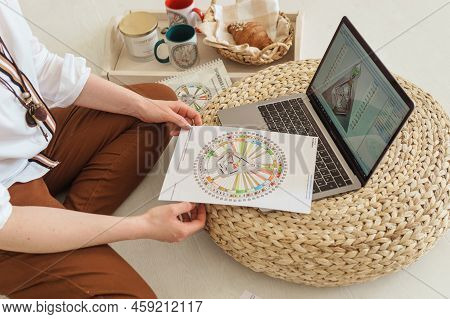 Tver, Russia-august 7, 2022. A Woman With A Laptop Is Studying Human Design. The Concept Of Studying