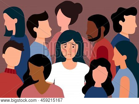 Sad Woman Feel Lonely In Crowd In Flat Design. Unhappy Unique Person. Loneliness In Crowd.