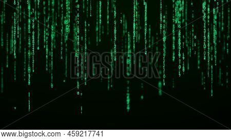 Technology Binary Code. Random Falling Green Digits On Screen. Hacked Software. Matrix Sciense Backg