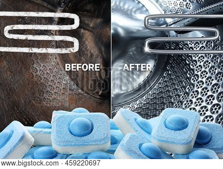 Drum And Heating Element Of Washing Machine Before And After Using Water Softener Tablets, Collage
