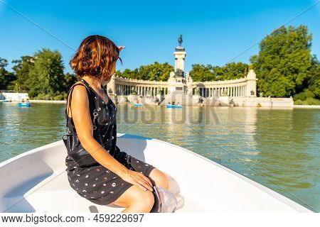 A Tourist At The Estanque Grande De El Retiro In The City Of Madrid. Spain