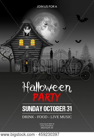 Halloween Party Poster With Haunted House And Black Carriage