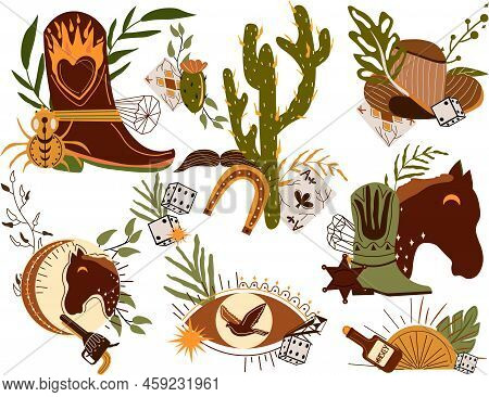 Set A Wild West Composition With Cowboy Hat, Playing Cards, Wild Horse Head, Dice, Flying Eagle And 