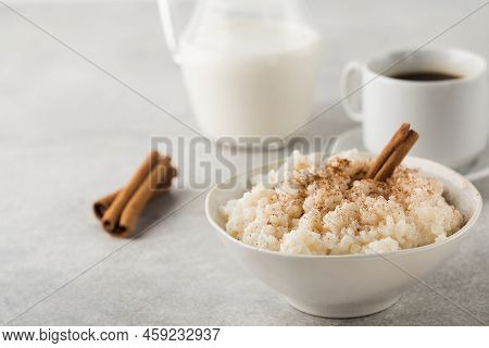 Scandinavian Rice Porridge In A Bowl With Cinnamon. Healthy Breakfast.