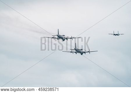Russia, St. Petersburg, 28 July 2022: Military Aircraft And Helicopters Of The Air Force Fly On The 
