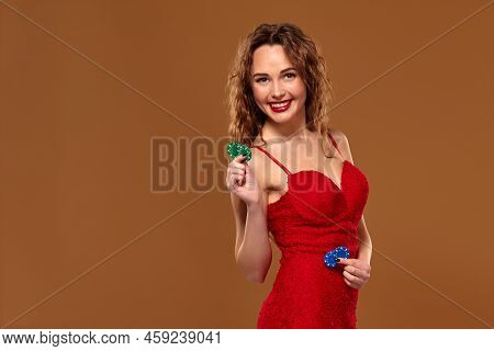 Casino Concept. Portrait Of Young Brown-haired Caucasian Woman, Playing In Casino. Roulette, Poker C