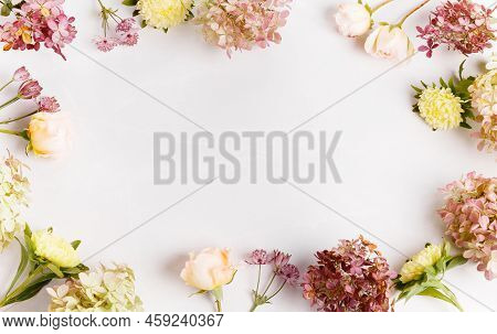 Autumn Creative Composition Roses, Hydrangea Flowers On Gray Background. Fall, Autumn Background. Fl