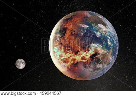 Global Warming And Mass Extinction Concept - Half Of Planet Earth In Fire. Elements Of This Image Fu