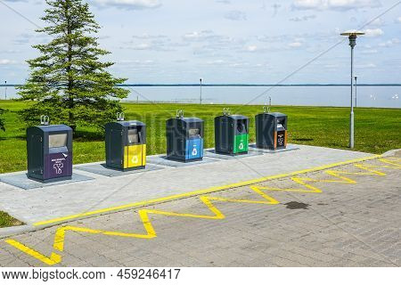 Five New Containers For Different Waste Sorting In The City Square By The Sea