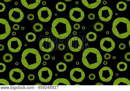 Seamless Pattern With Circles Of Leaves On Black.