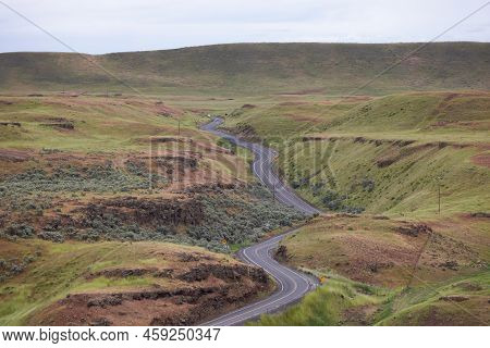 Scenic Road In The Countryside By Green Farm Fields. Near Washtucna, Washington, United States.