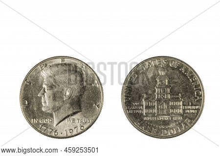 Close Up View Of Front And Back Side Of Half Usa Dollar Coin Dated 1776-1976. Numismatic Concept.